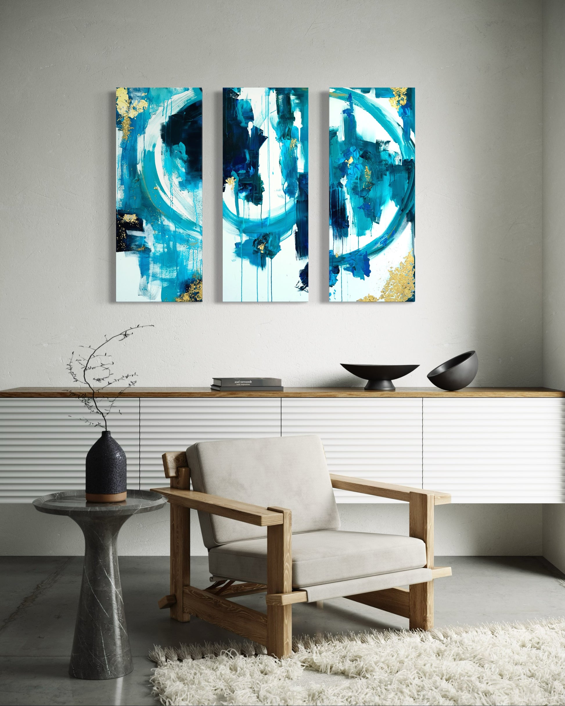 "Golden Tides Triptych," 16"x40" – Acrylic Original - Design with Ali, LLC