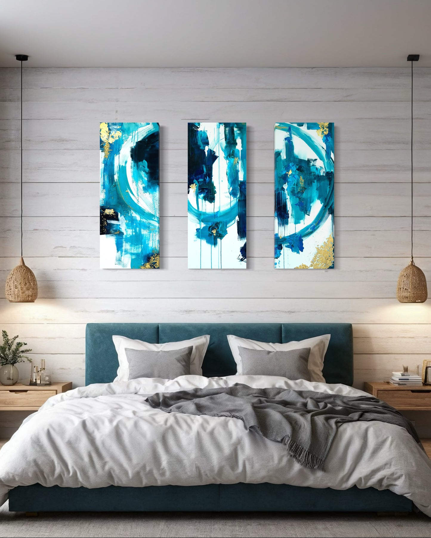 "Golden Tides Triptych," 16"x40" – Acrylic Original - Design with Ali, LLC