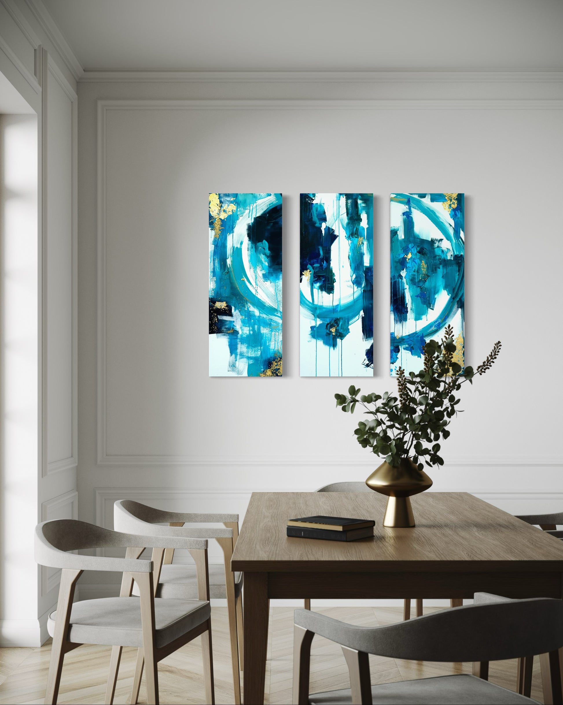 "Golden Tides Triptych," 16"x40" – Acrylic Original - Design with Ali, LLC