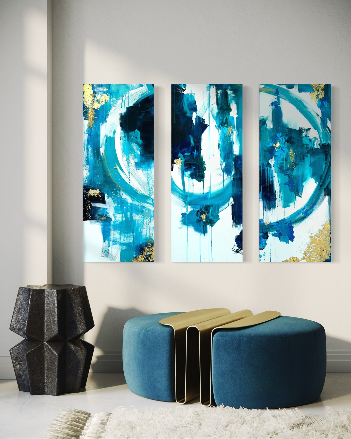 "Golden Tides Triptych," 16"x40" – Acrylic Original - Design with Ali, LLC