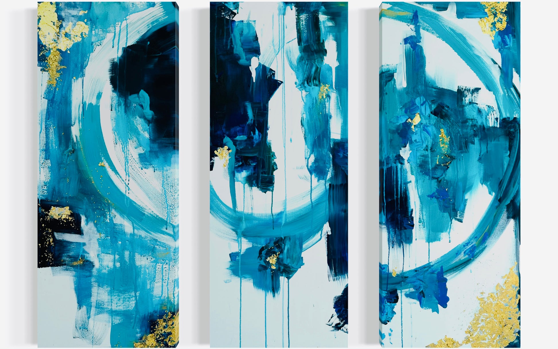 "Golden Tides Triptych," 16"x40" – Acrylic Original - Design with Ali, LLC